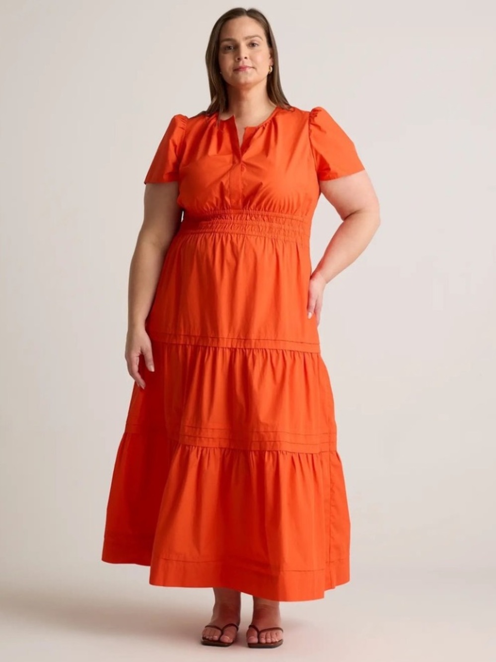 Quince 100% Organic Cotton 
Tiered Maxi Dress 
Vermillion Red/Bright Orange XL